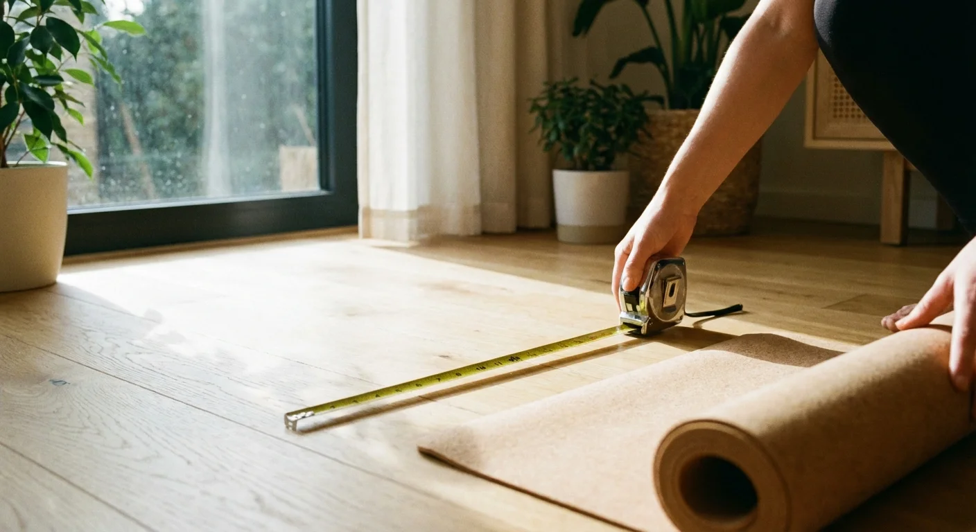 Close-up of a person measuring floor space for a home gym setup.