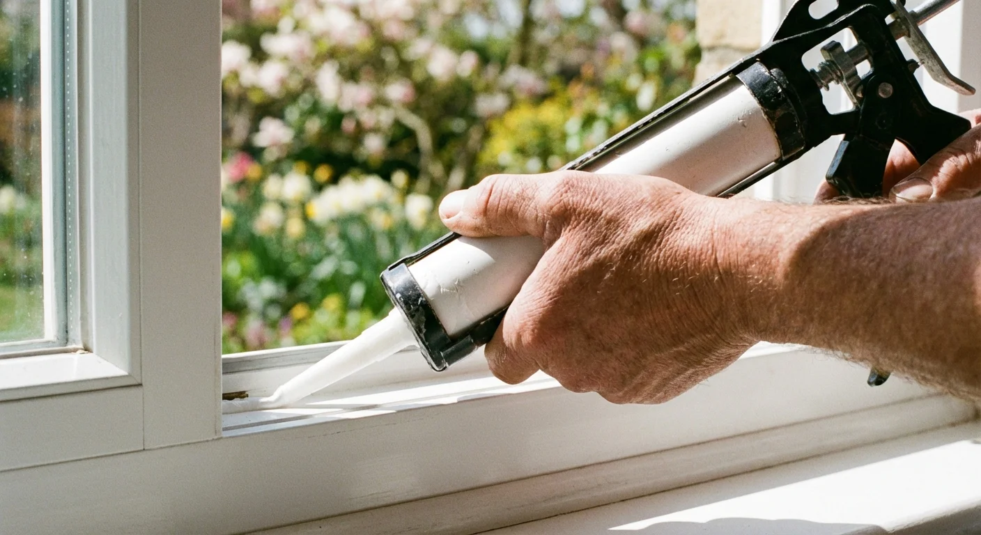 Close-up of a person sealing a window frame with caulk.