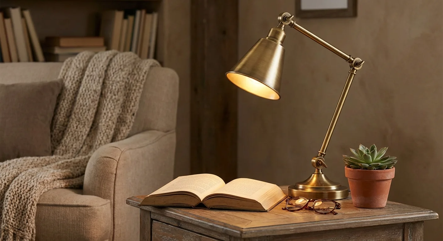 Close-up of a reading lamp, a book, and glasses on a side table.