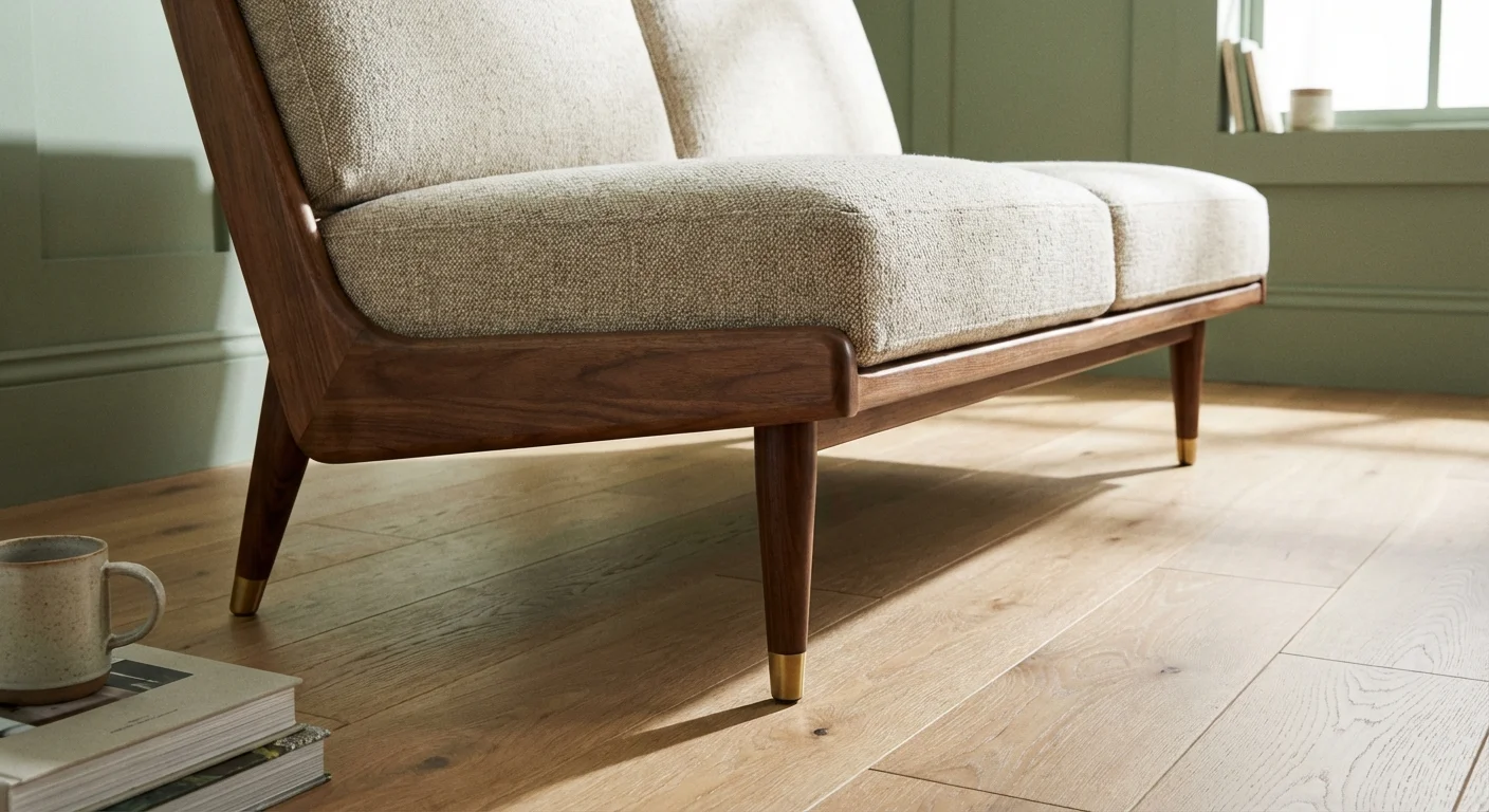 Close-up of a sofa with thin wooden legs showing the floor underneath to create airflow.