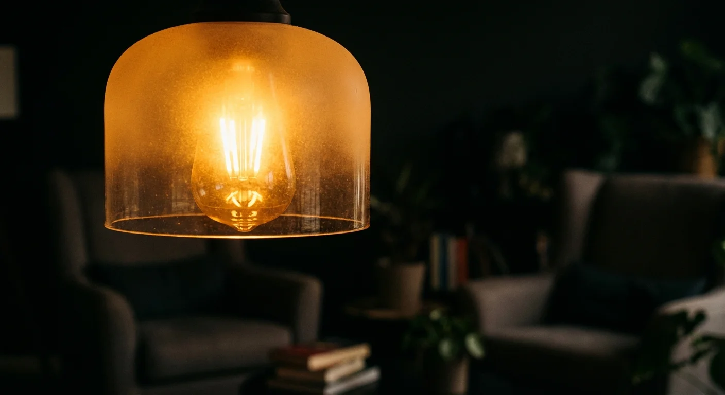Close-up of a warm amber light bulb glowing softly through a frosted glass shade.