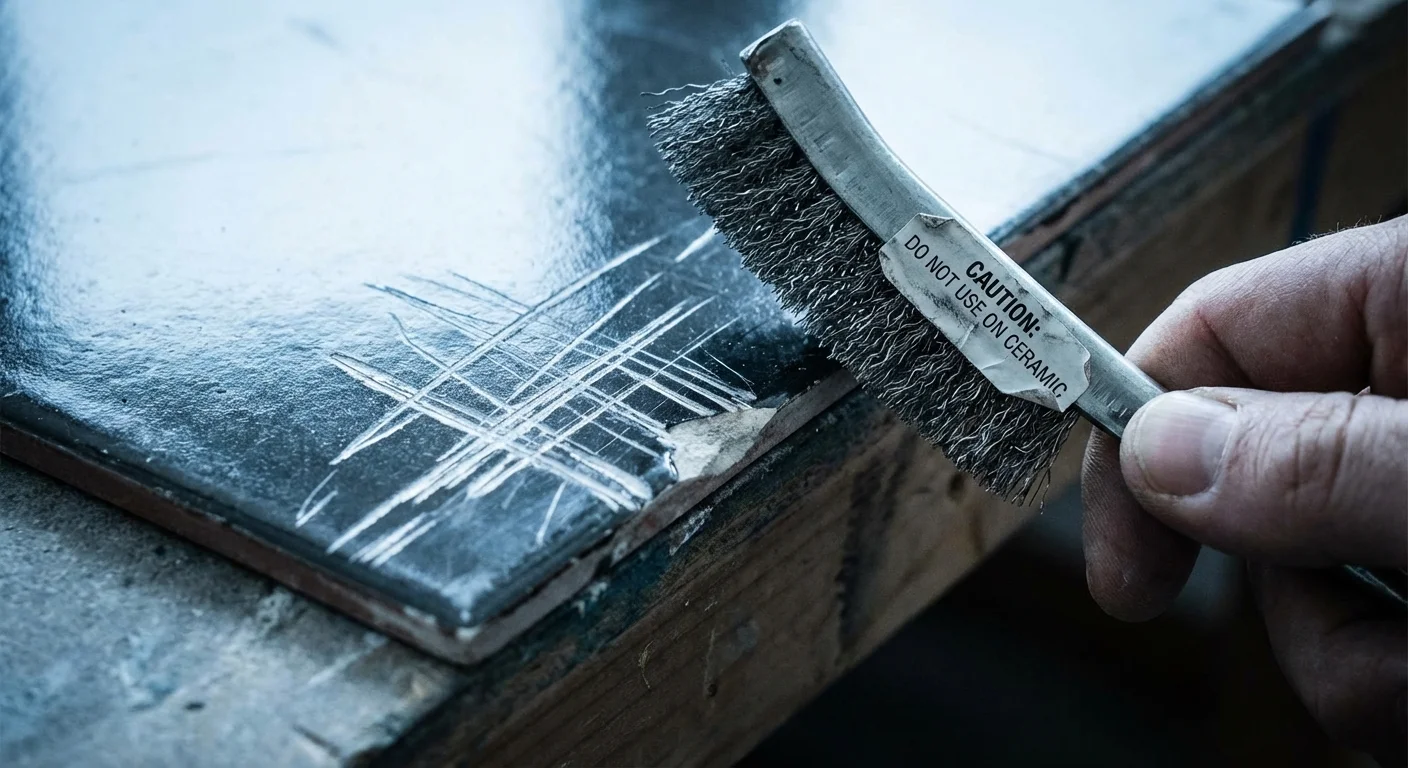 Close-up of a wire brush near a scratched tile, showing a common cleaning mistake.