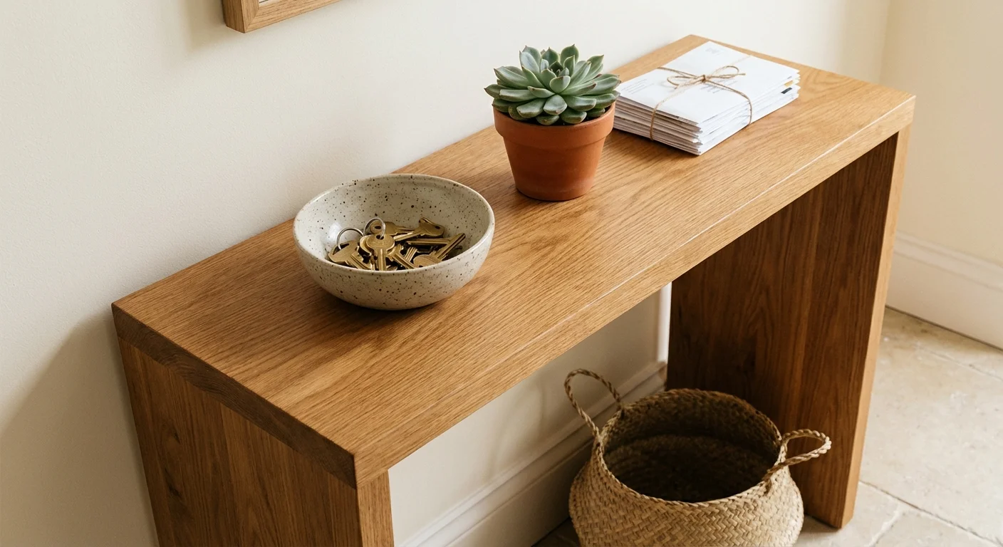 Close-up of a wooden entryway table featuring a key bowl, a small plant, and mail.