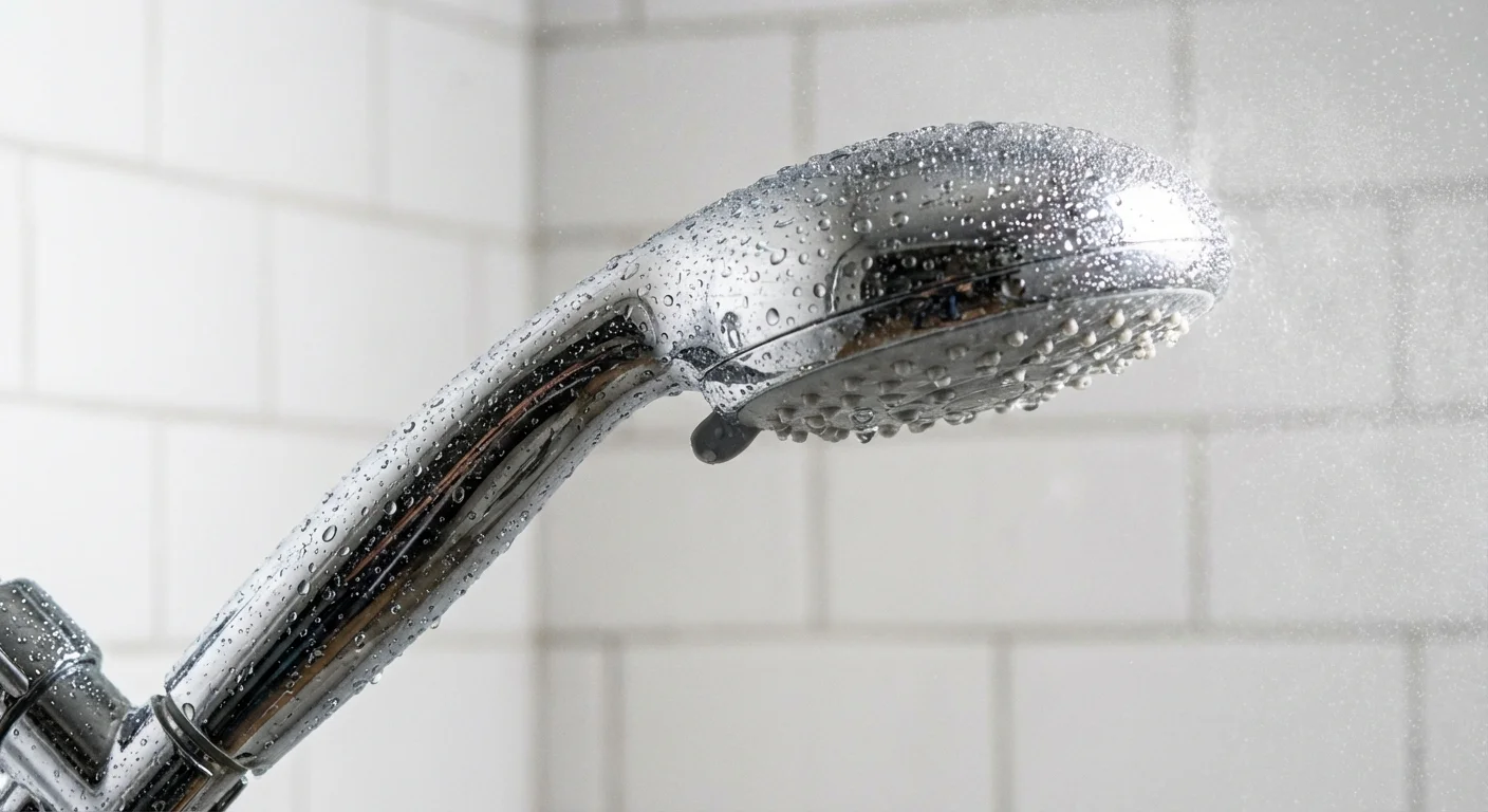 Close-up of cleaning spray mist on a chrome shower handle.
