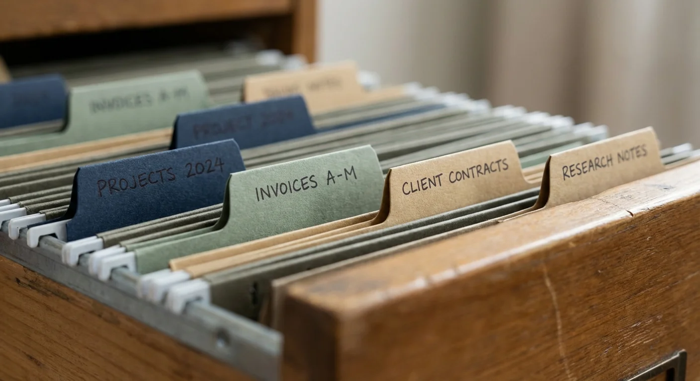 Close-up of color-coded hanging file folders with clear labels in a drawer.
