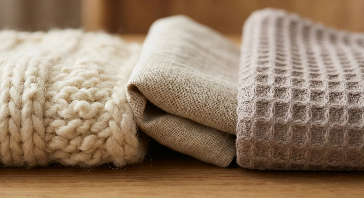 Close-up of different fabric textures including wool knit, linen, and cotton.