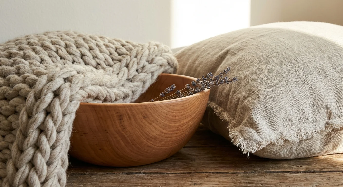 Close-up of different home textures including wool, wood, and linen in neutral colors.