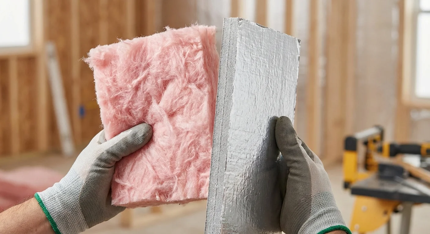 Close-up of different insulation materials being compared by hand.
