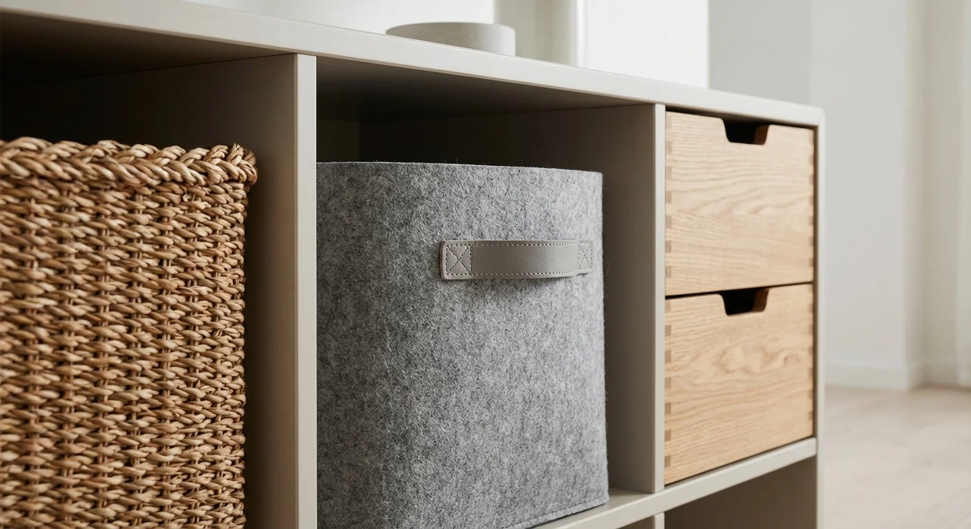 Close-up of different storage bin textures including wicker and felt.