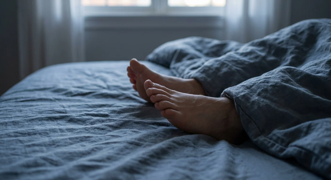 Close-up of feet on grey linen sheets, representing body temperature regulation during sleep.