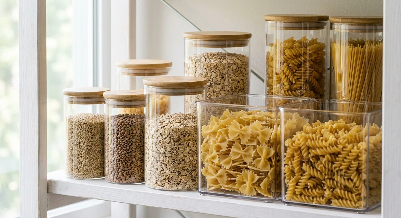 Close-up of glass and acrylic food storage containers on a shelf.