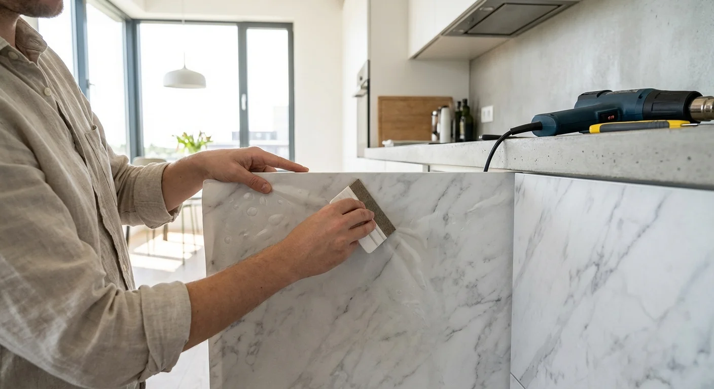 Close-up of hands applying a marble-patterned contact paper to a flat cabinet surface.