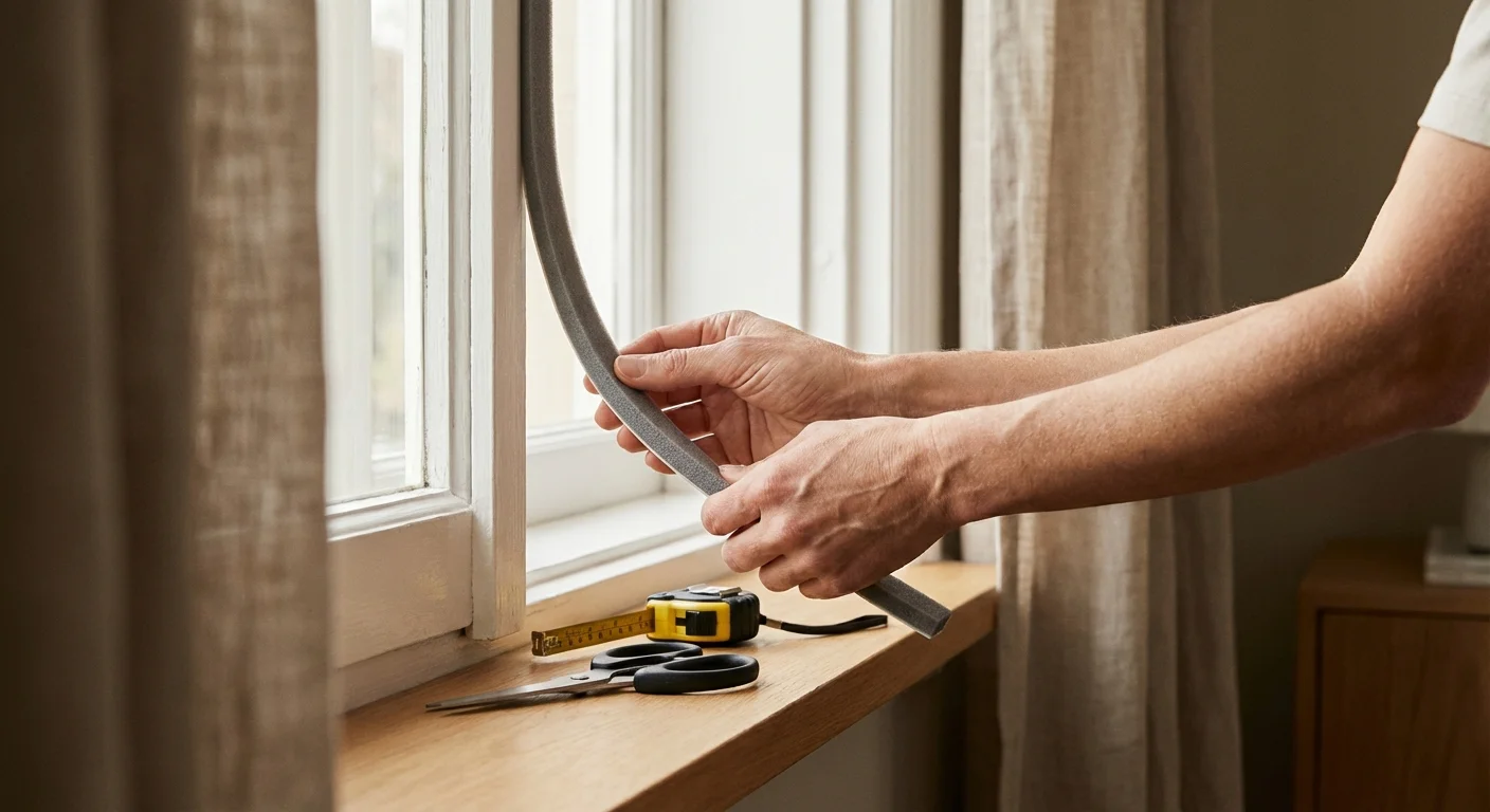 Close-up of hands applying foam weatherstripping to a window frame to block drafts.