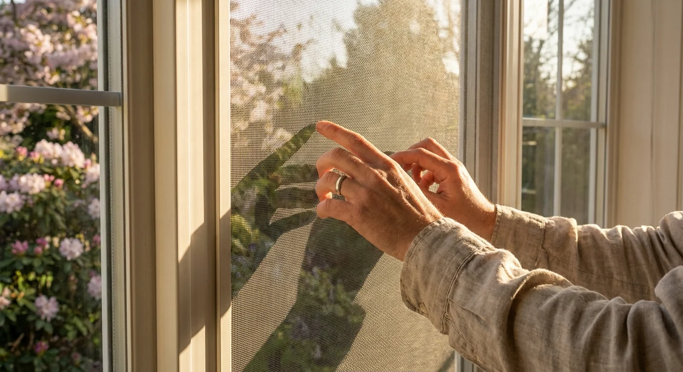 Close-up of hands checking a window screen for damage during springtime.
