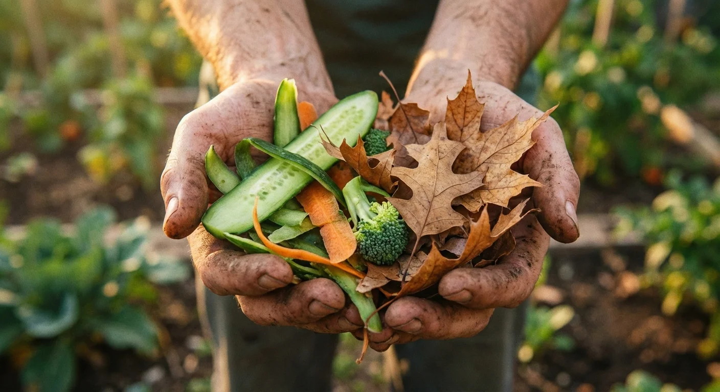 Close-up of hands holding green scraps and brown leaves for compost.
