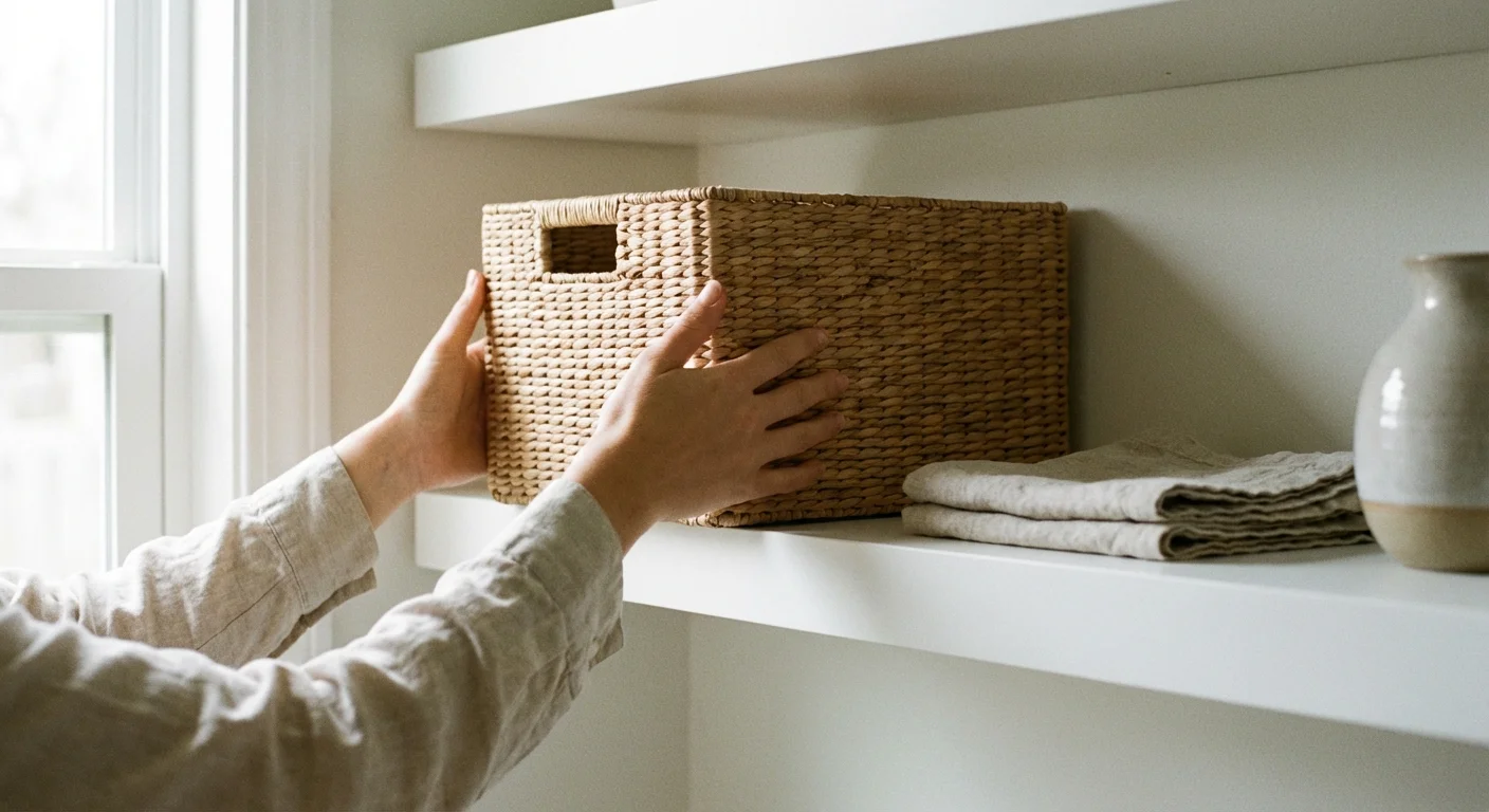 Close-up of hands organizing a wicker bin on a shelf, representing visual order.