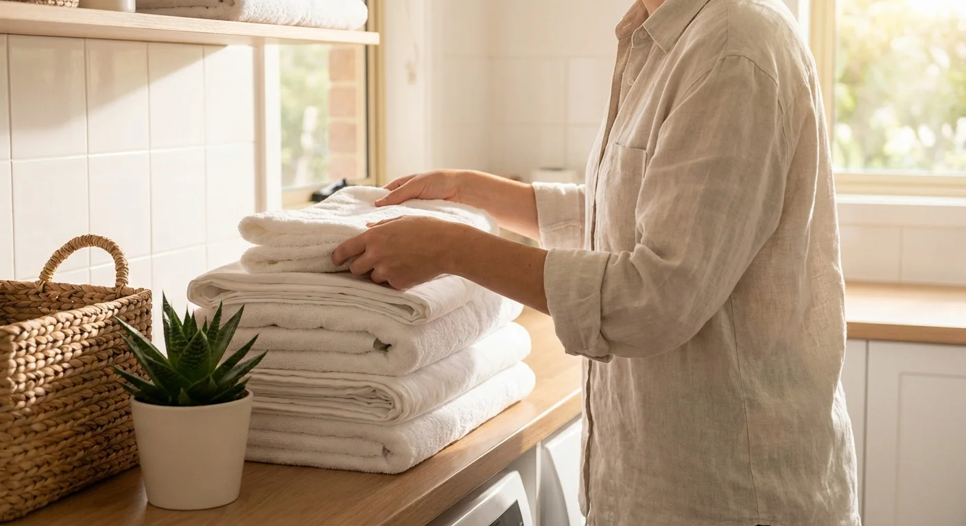 Close-up of hands organizing clean white linens in a bright room.
