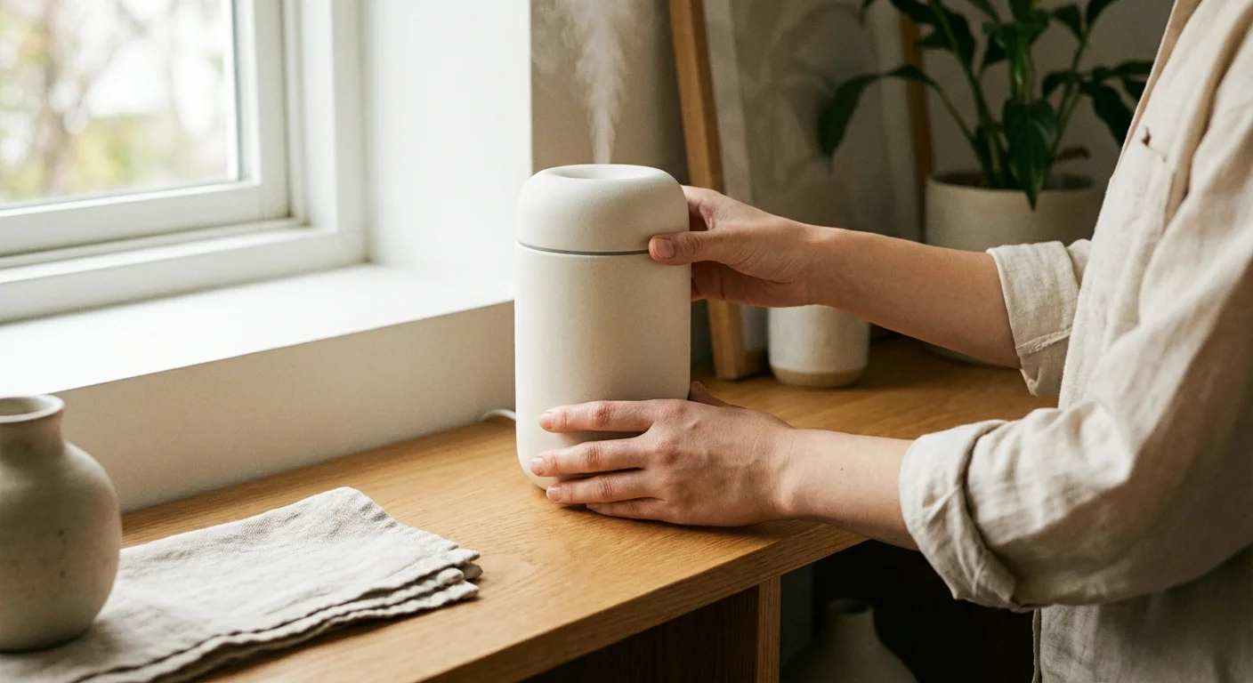 Close-up of hands placing a white humidifier on a wooden shelf in an organized home.