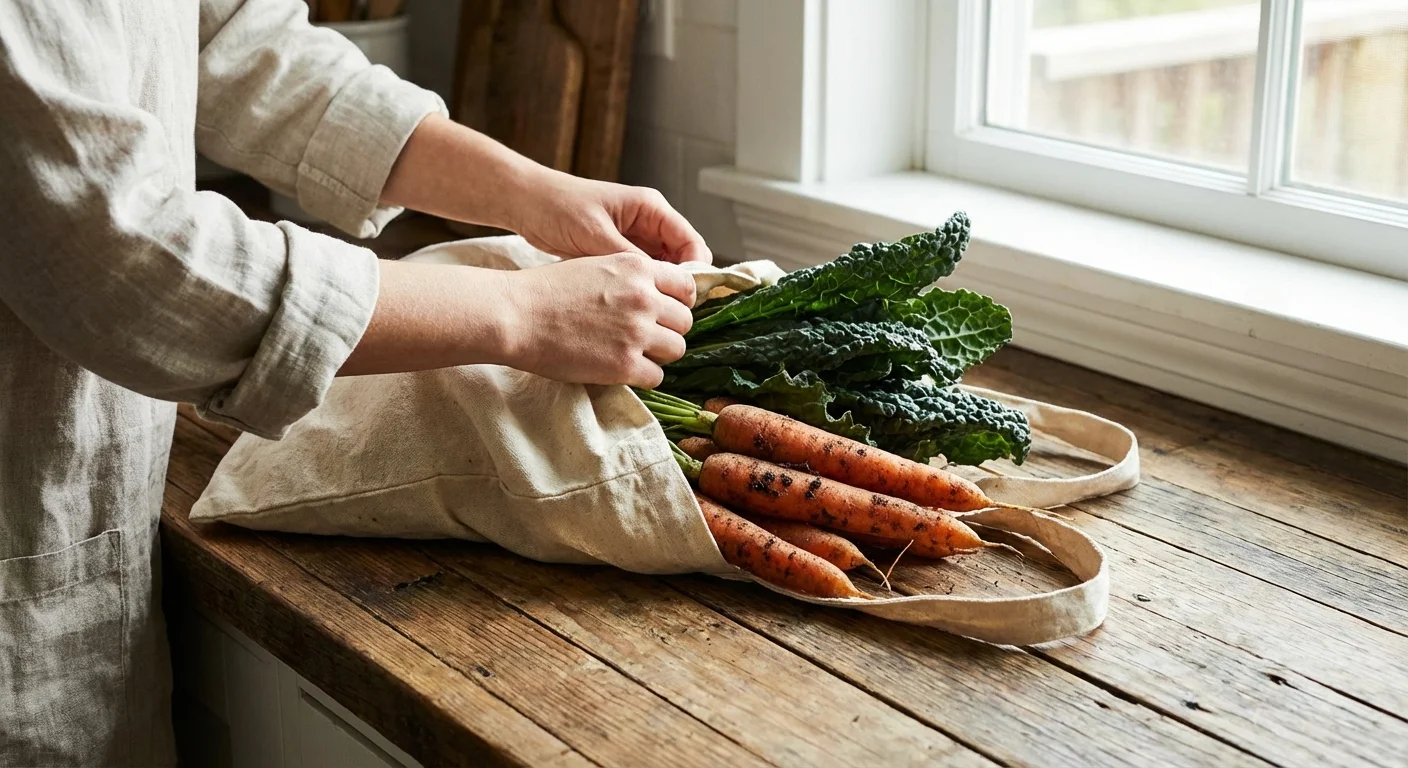 Close-up of hands placing fresh produce from a canvas bag onto a wooden counter.