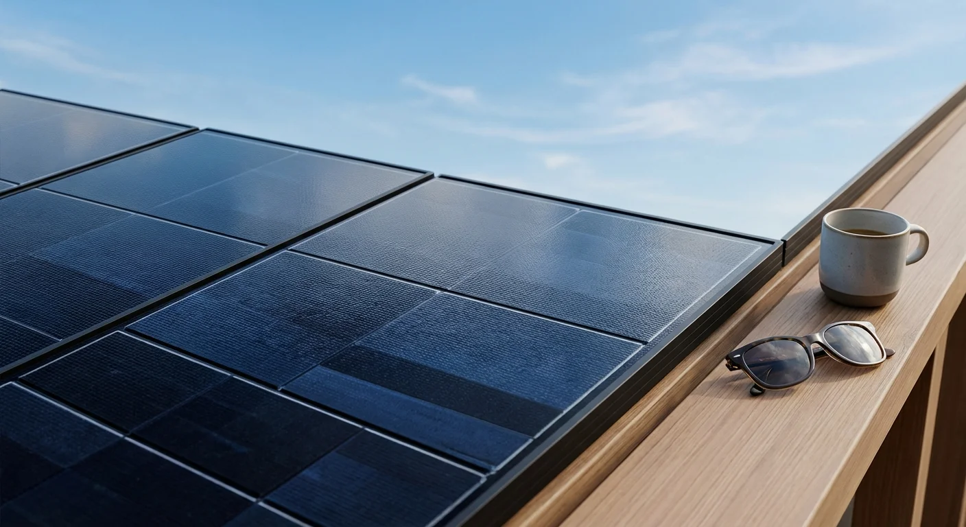 Close-up of high-quality black solar panels reflecting the sky.