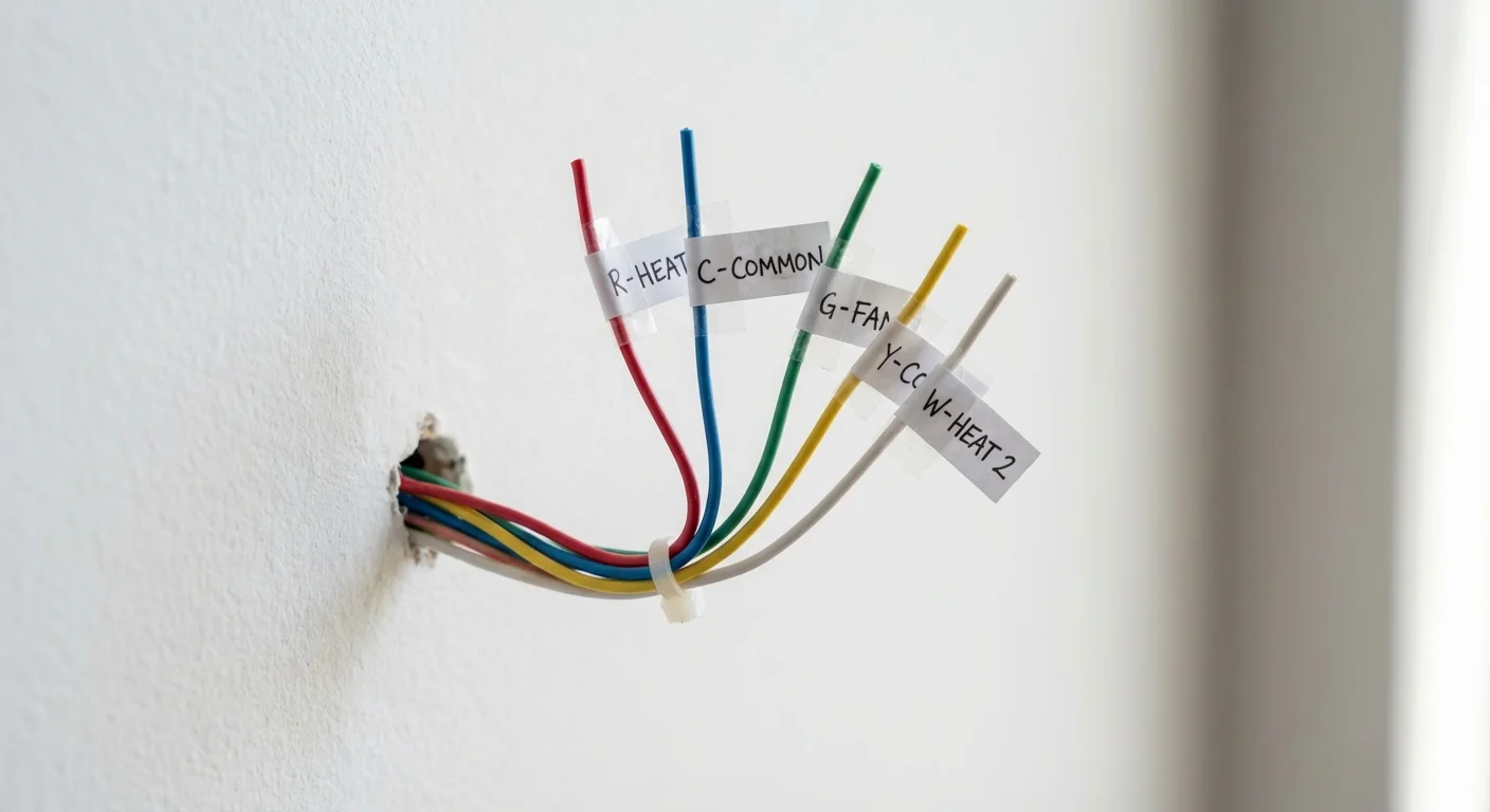 Close-up of labeled thermostat wires protruding from a wall.