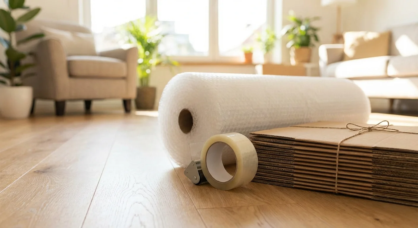 Close-up of packing supplies including tape and bubble wrap on a wooden floor.