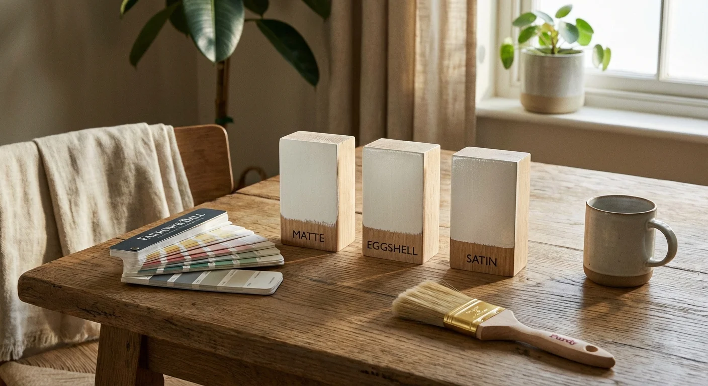 Close-up of paint finish samples showing different sheens like matte and satin on a wooden table.