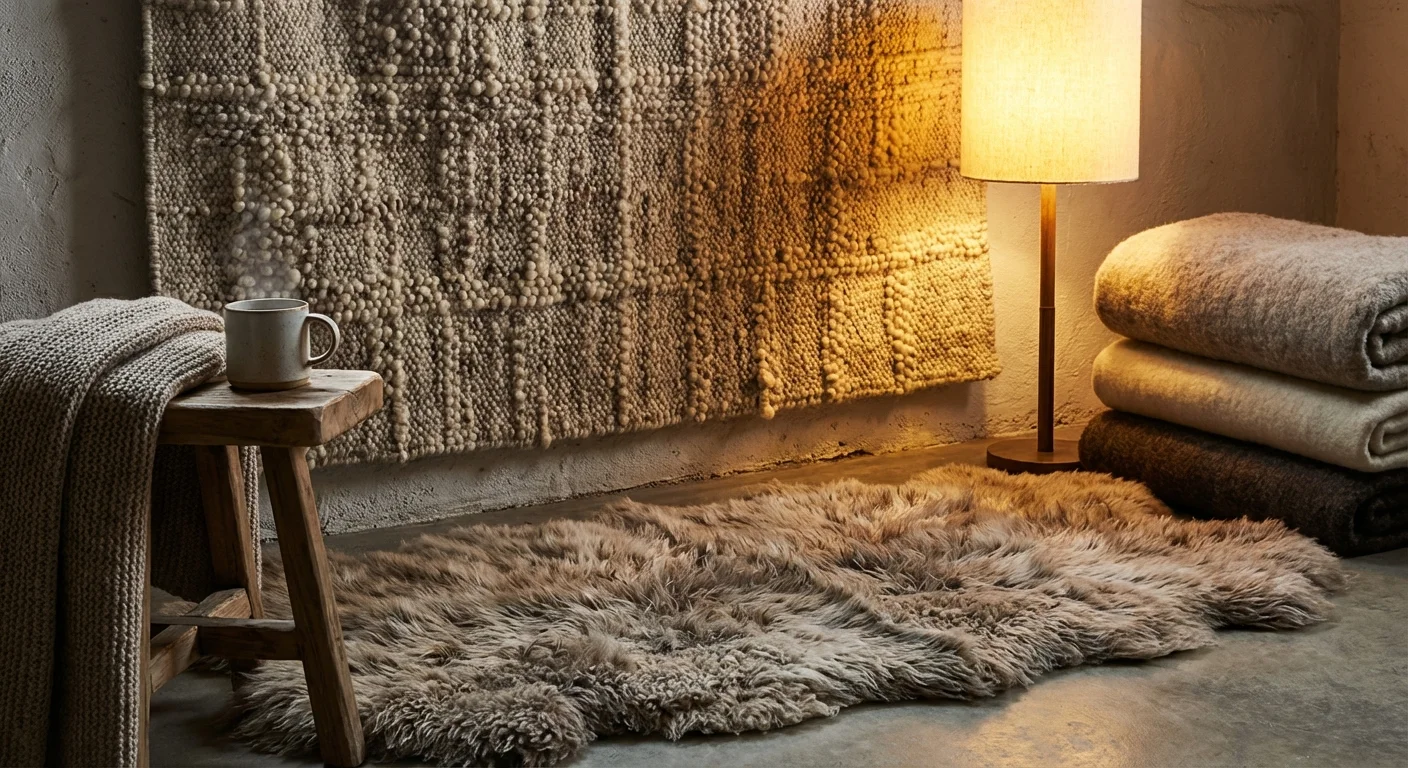 Close-up of textured walls and a thick rug in a basement, emphasizing warmth and thermal comfort.