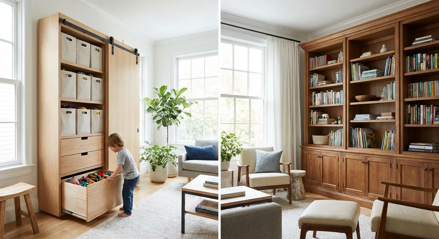 Comparison of a sliding bin system and a traditional bookshelf in a modern playroom.