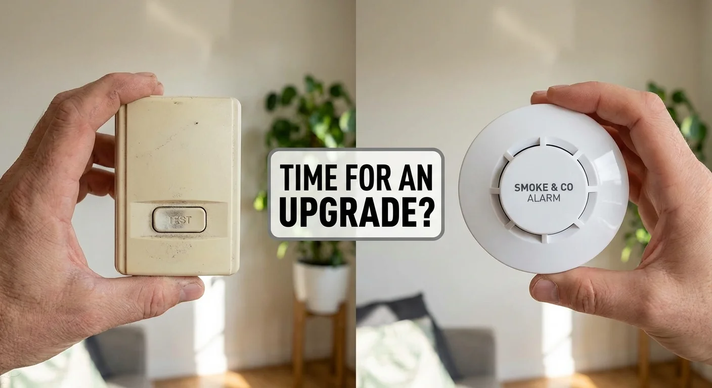 Comparison of an old yellowed smoke alarm and a new white one.