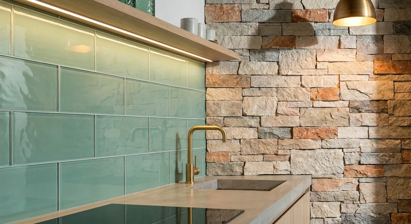 Comparison of glossy glass-style tiles and matte stone-look tiles side by side.