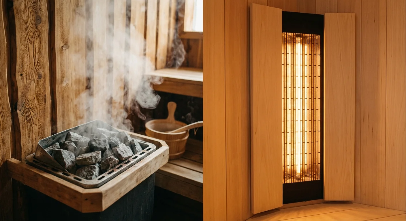 Comparison of traditional sauna stones and a modern infrared heating panel.