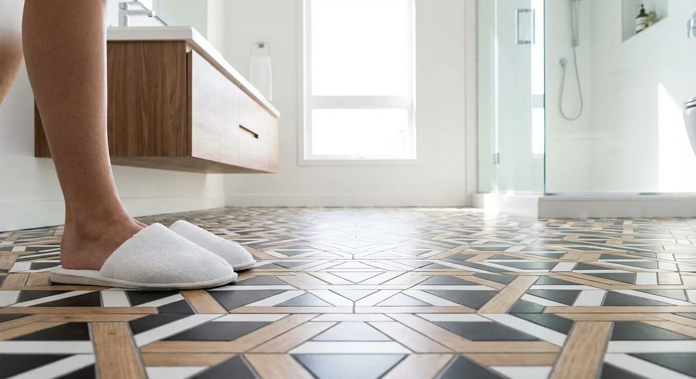 Cozy slippers on a modern patterned bathroom floor.