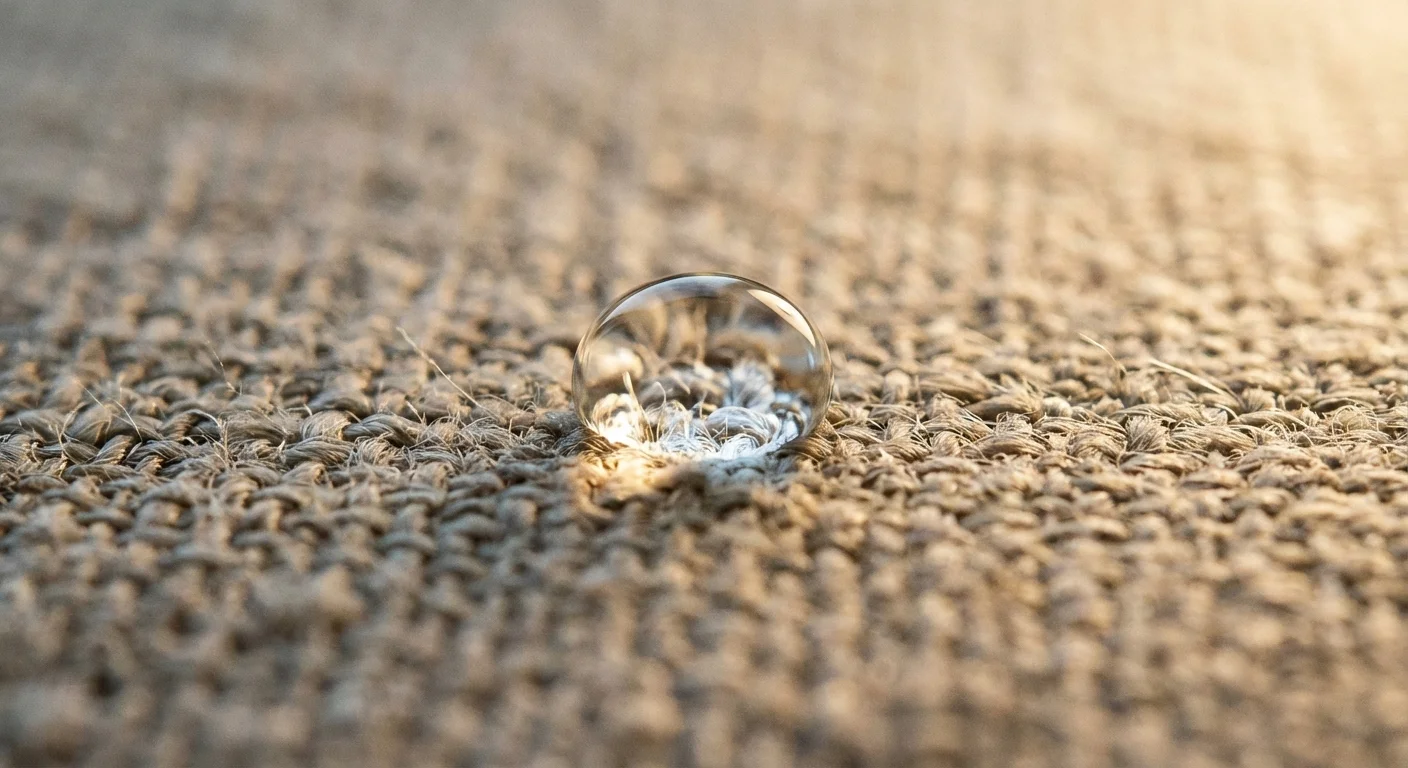 Detailed view of a liquid droplet on fabric fibers.