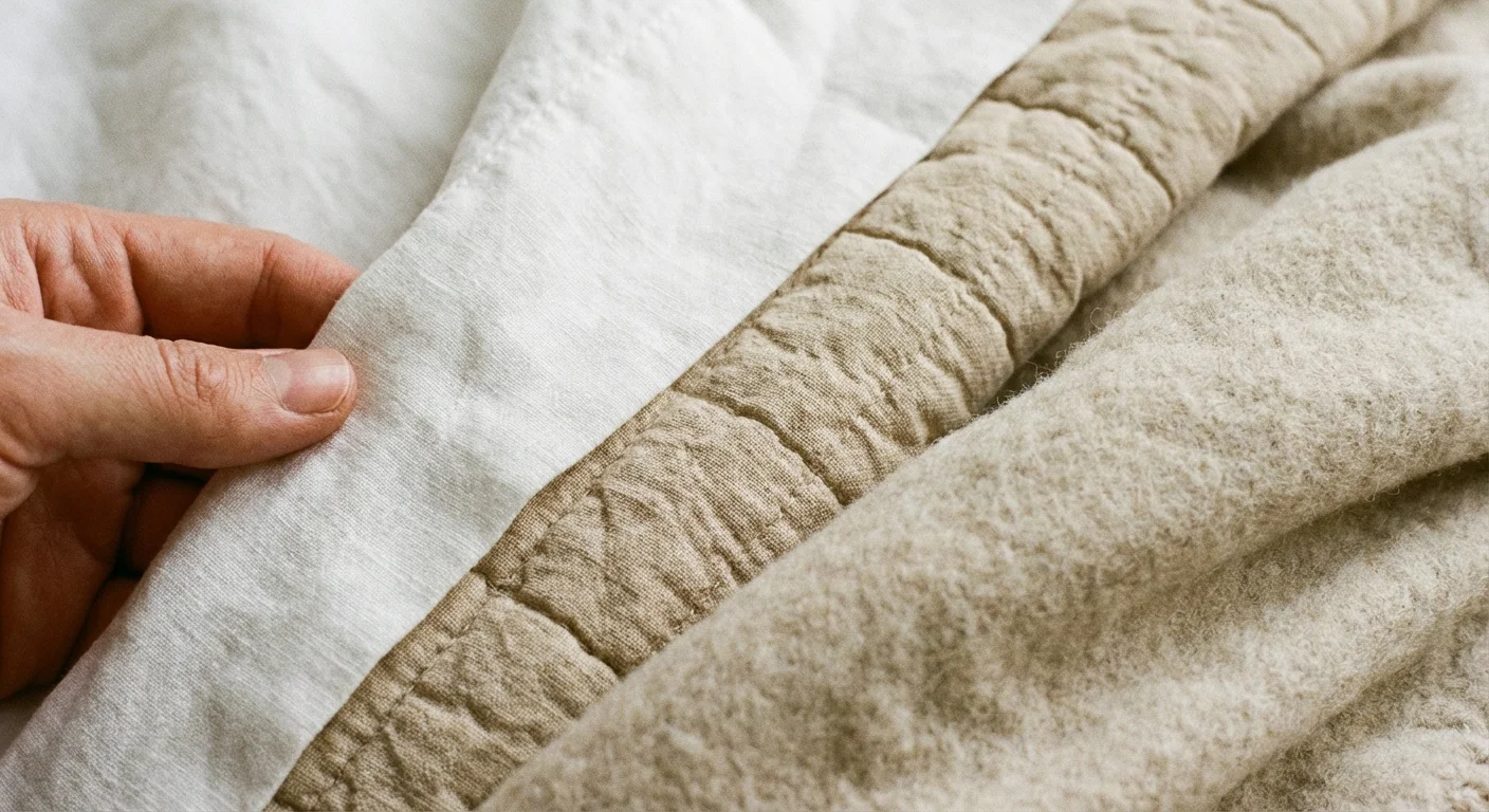 Detailed view of bed sheets, a quilt, and a duvet folded back to show different fabric textures.