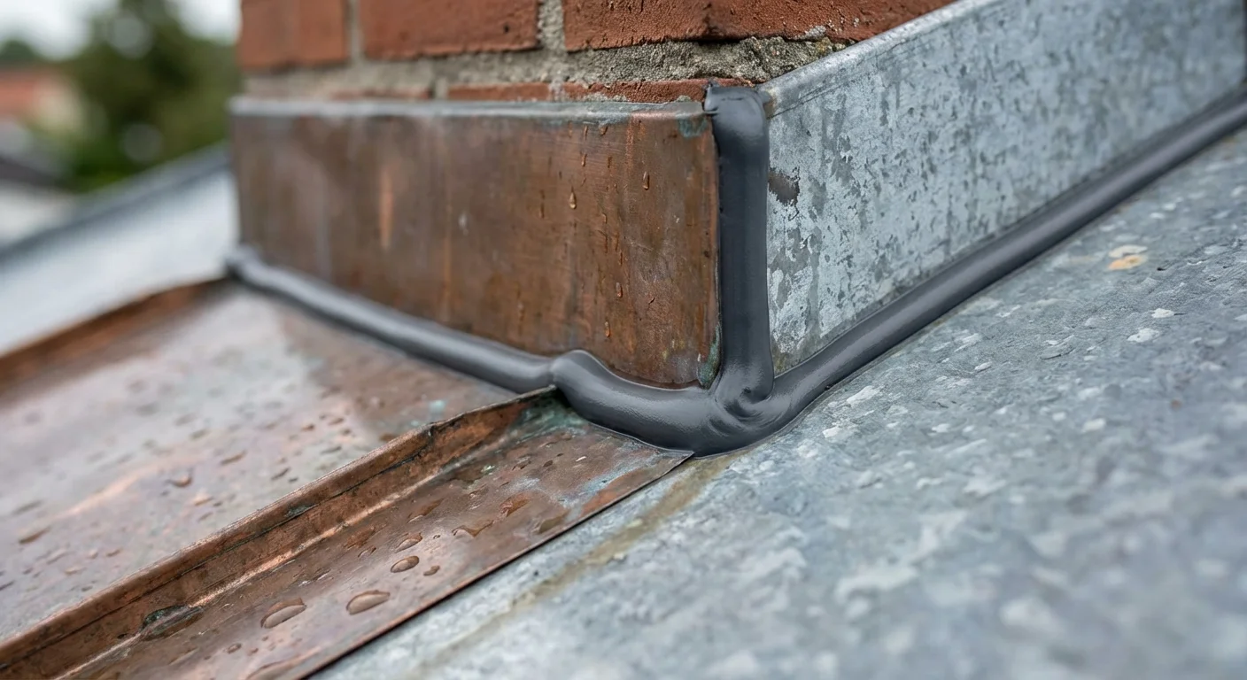 Detailed view of metal flashing around a chimney on a shingled roof.