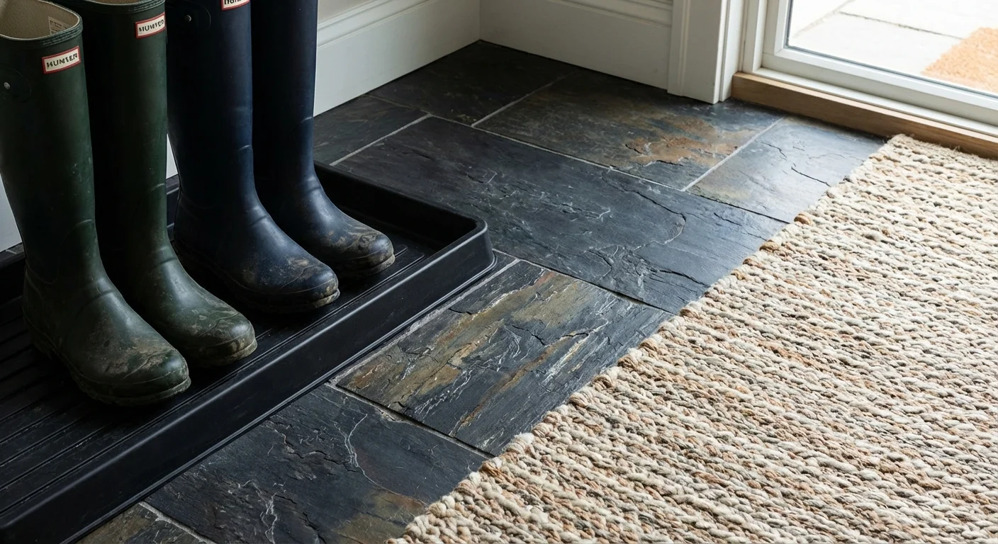 Durable slate tile flooring and a rubber boot tray with rain boots in a mudroom.