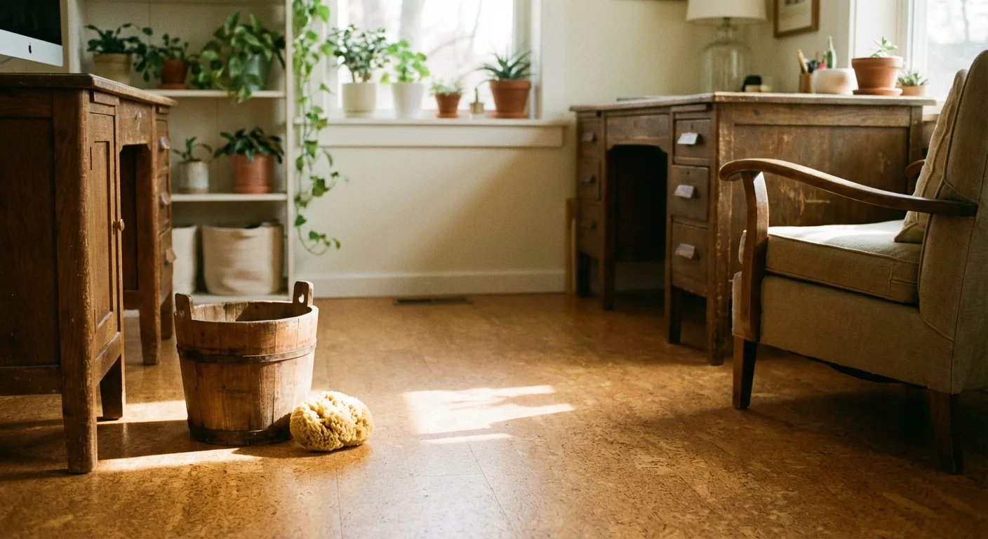 Eco-friendly cork flooring in a sunlit room with natural cleaning tools.