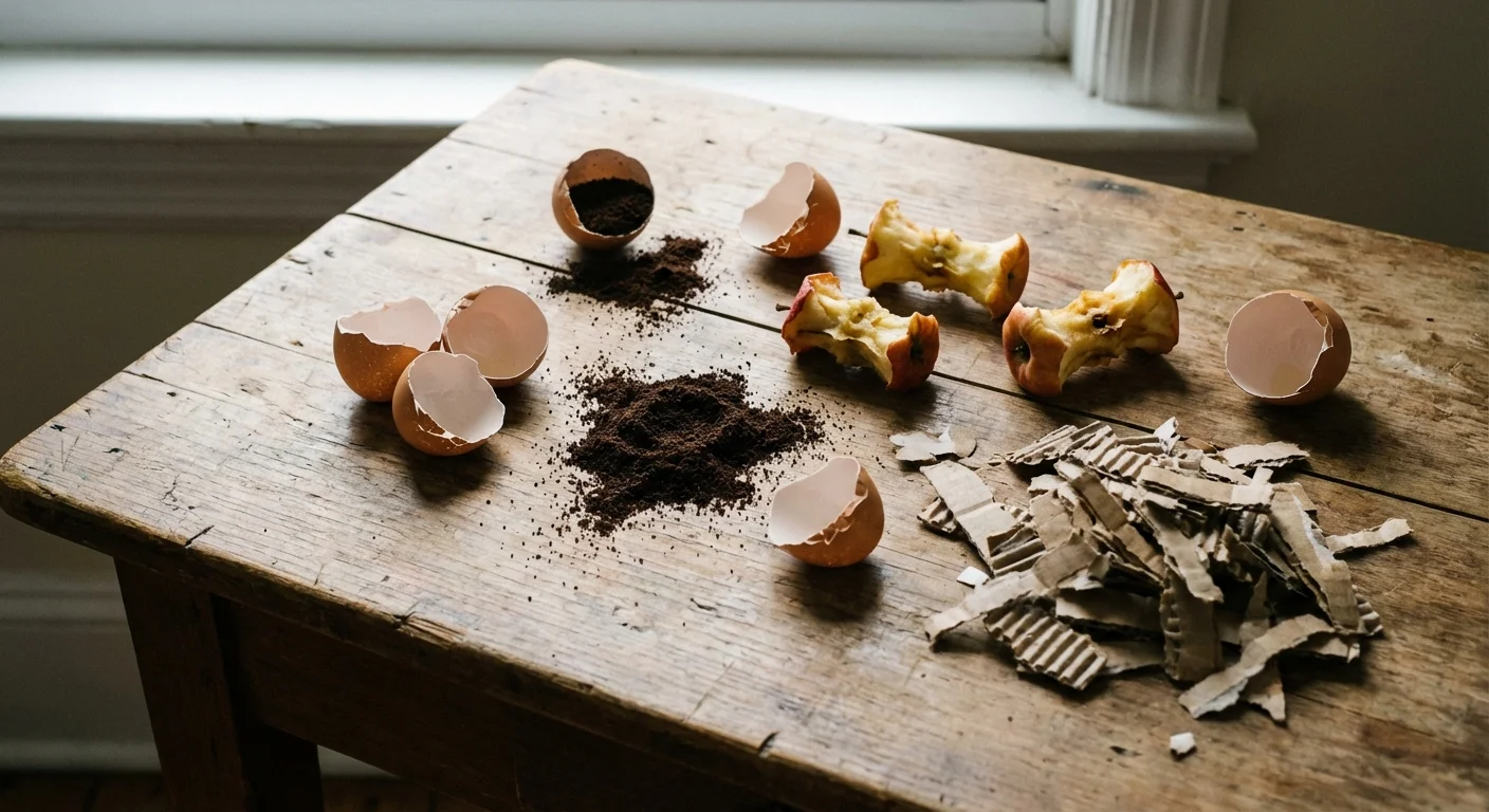 Flat lay of compostable items like coffee grounds and eggshells.