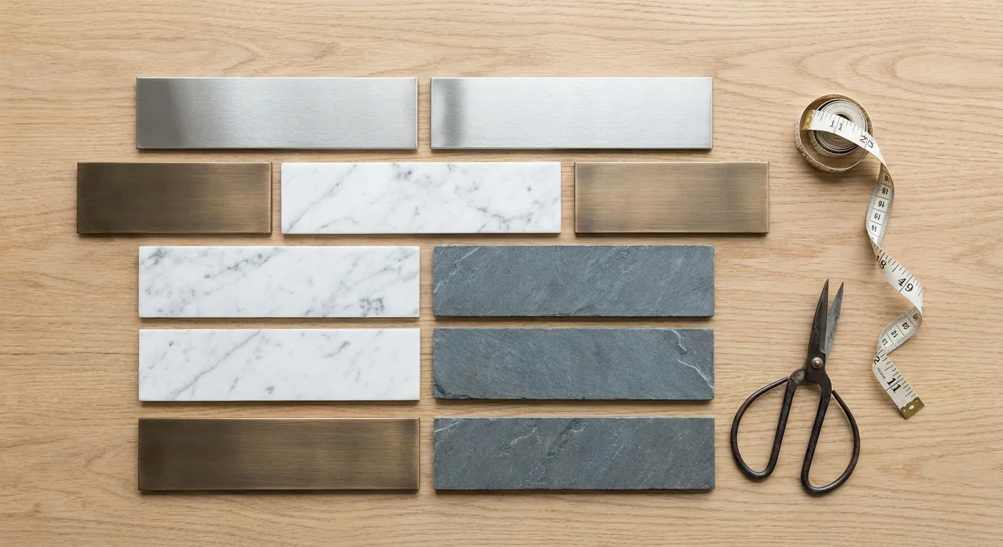 Flat lay of different tile samples including marble, metal, and stone on a wood table.