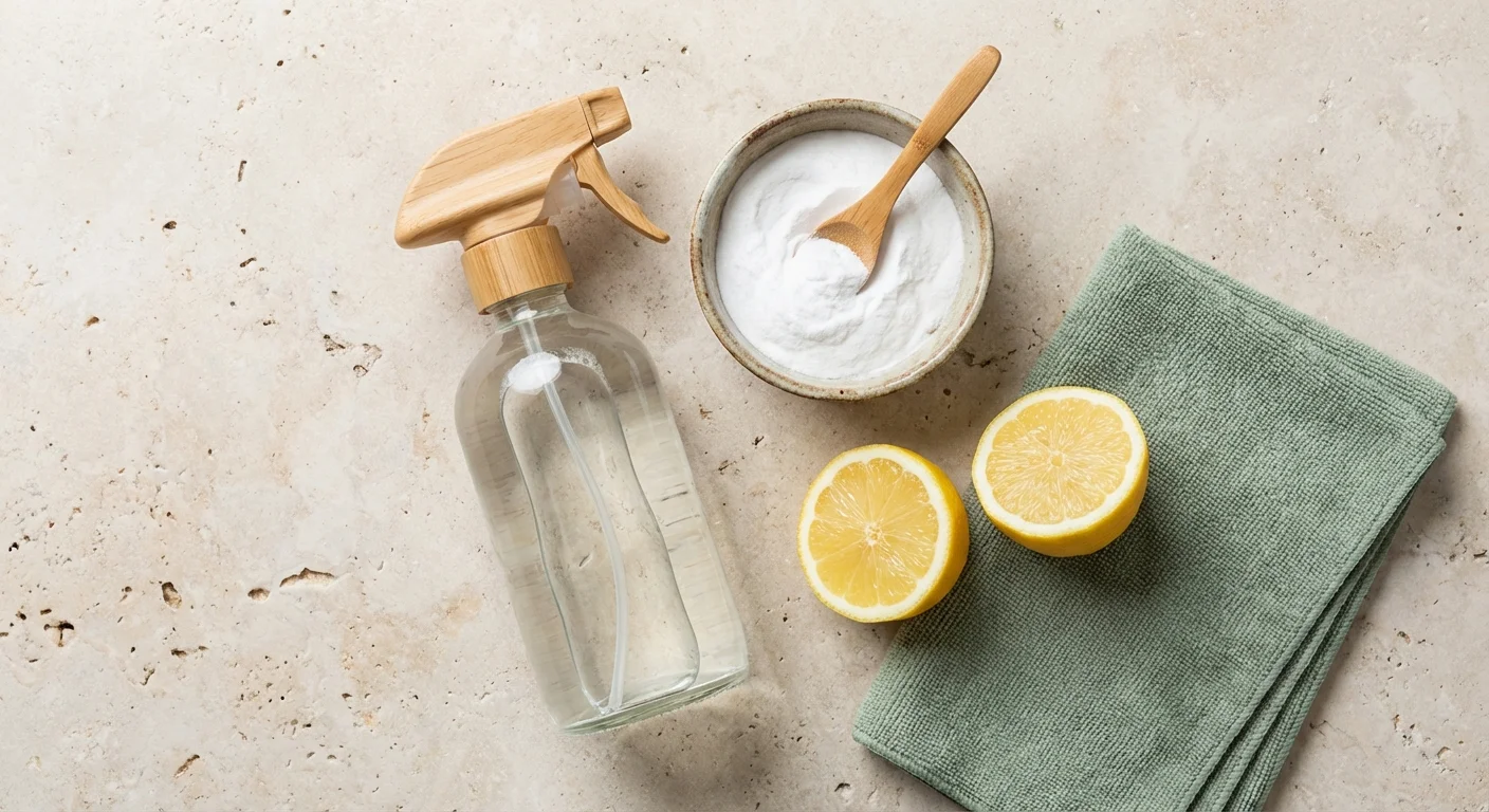Flat lay of natural cleaning supplies like baking soda, lemon, and a spray bottle.