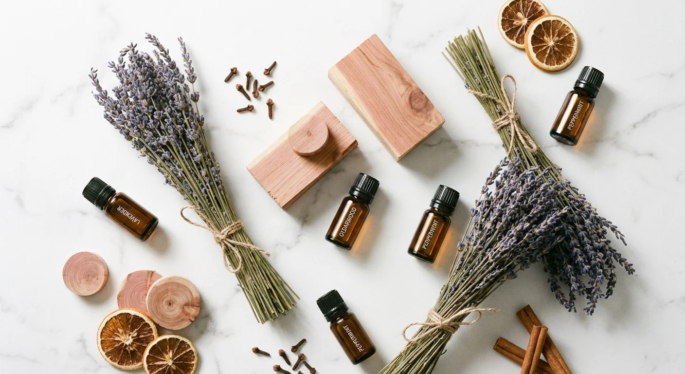Flat lay of natural pest repellents including lavender and cedar blocks.