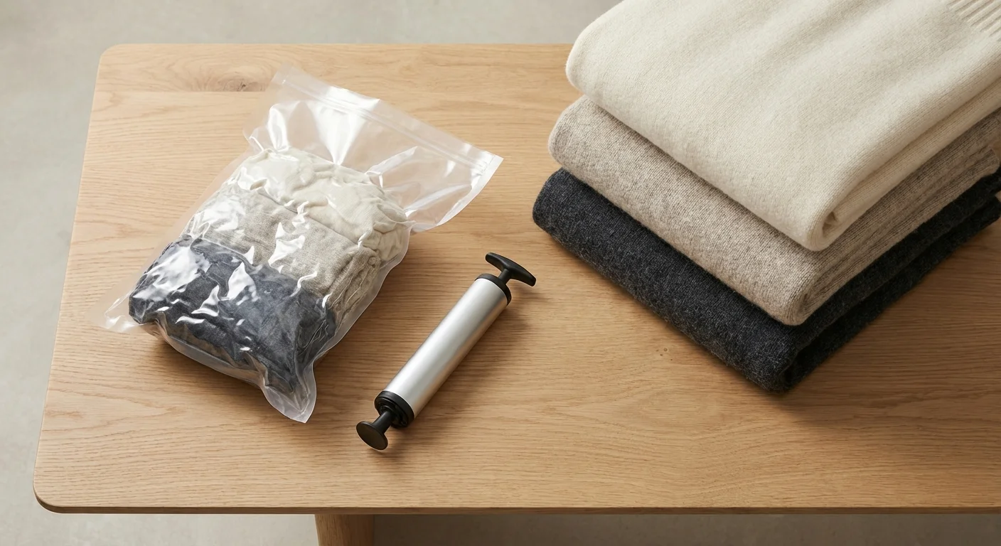 Flat lay of vacuum storage essentials including bags and folded blankets.
