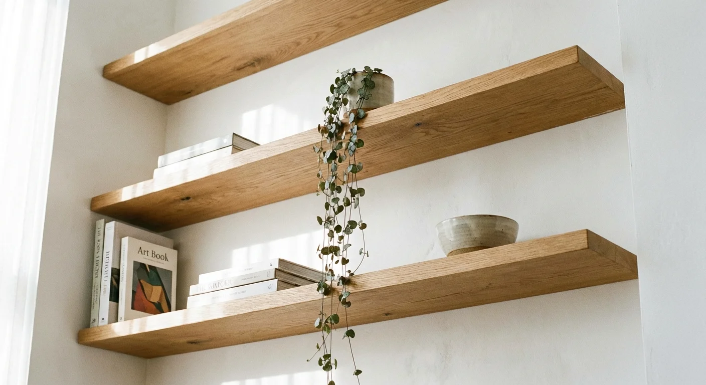 Floating wooden shelves mounted high on a wall to draw the eye upward and save floor space.