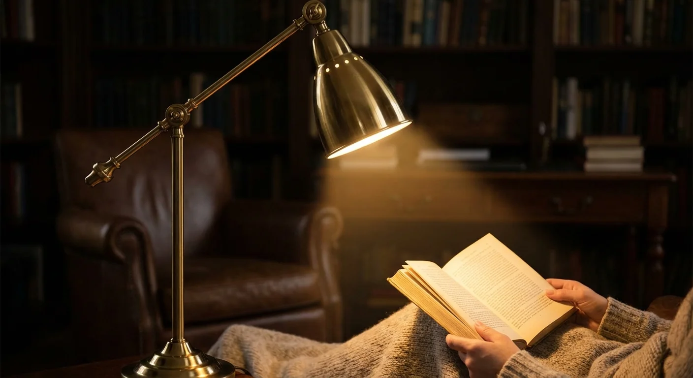 Focused light from a brass task lamp illuminating a book held by a person.