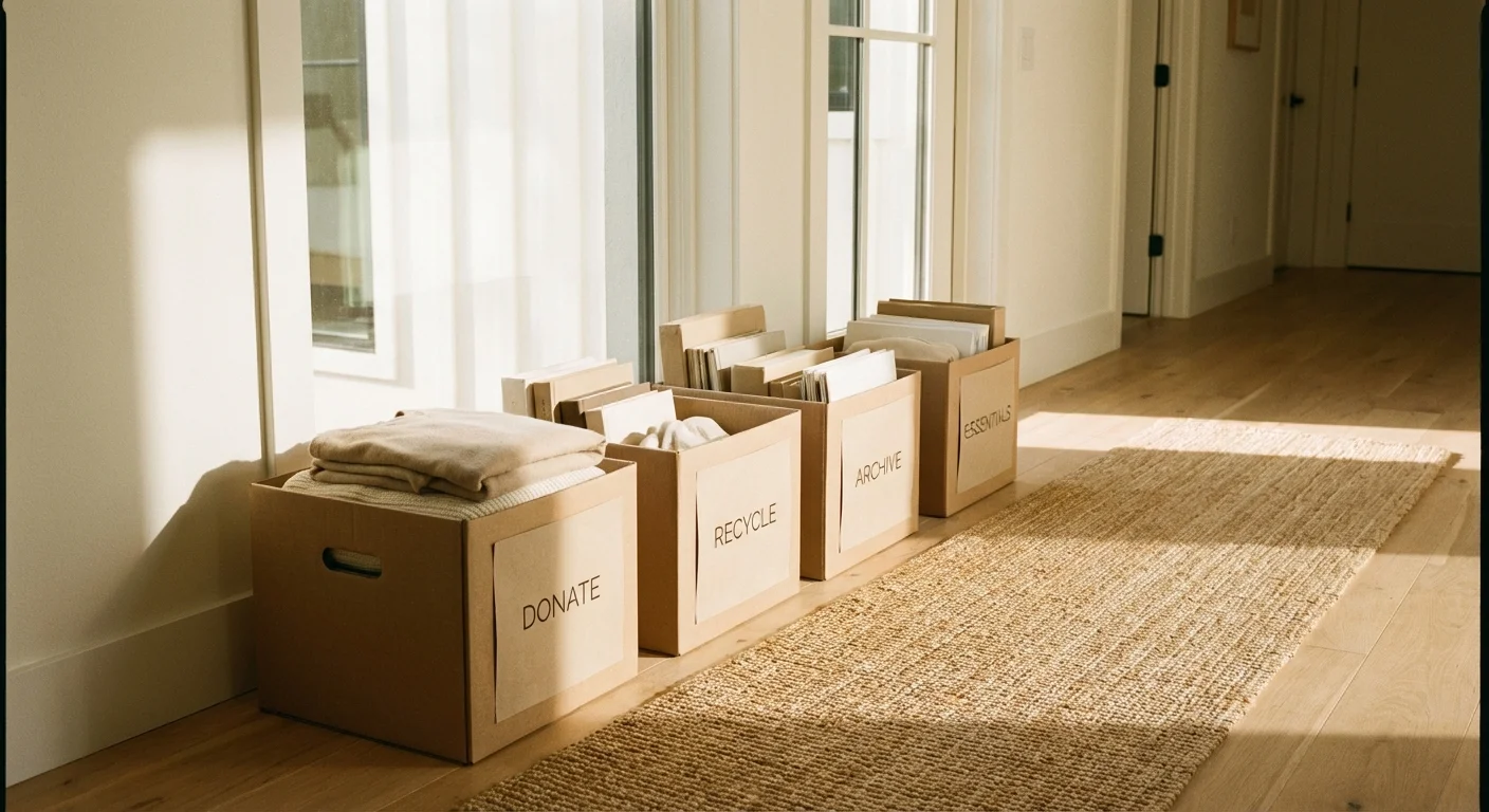 Four cardboard boxes neatly arranged in a bright hallway for sorting household items.