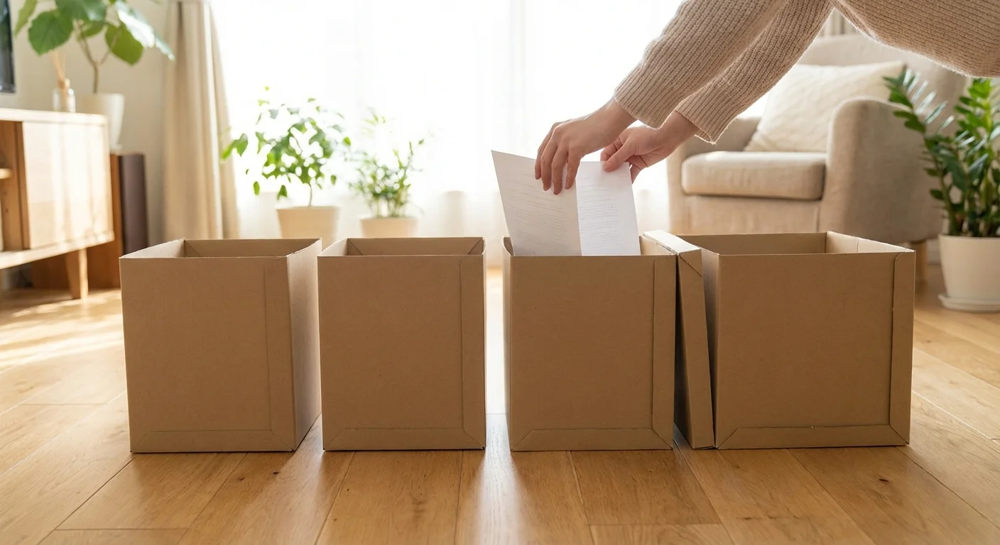 Four neat boxes on a wooden floor being used to sort through a stack of papers.