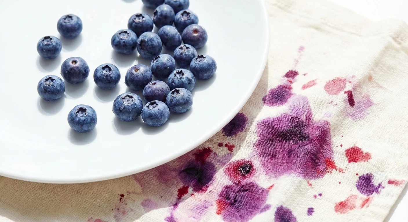 Fresh blueberries next to a stained white cloth on a plate.