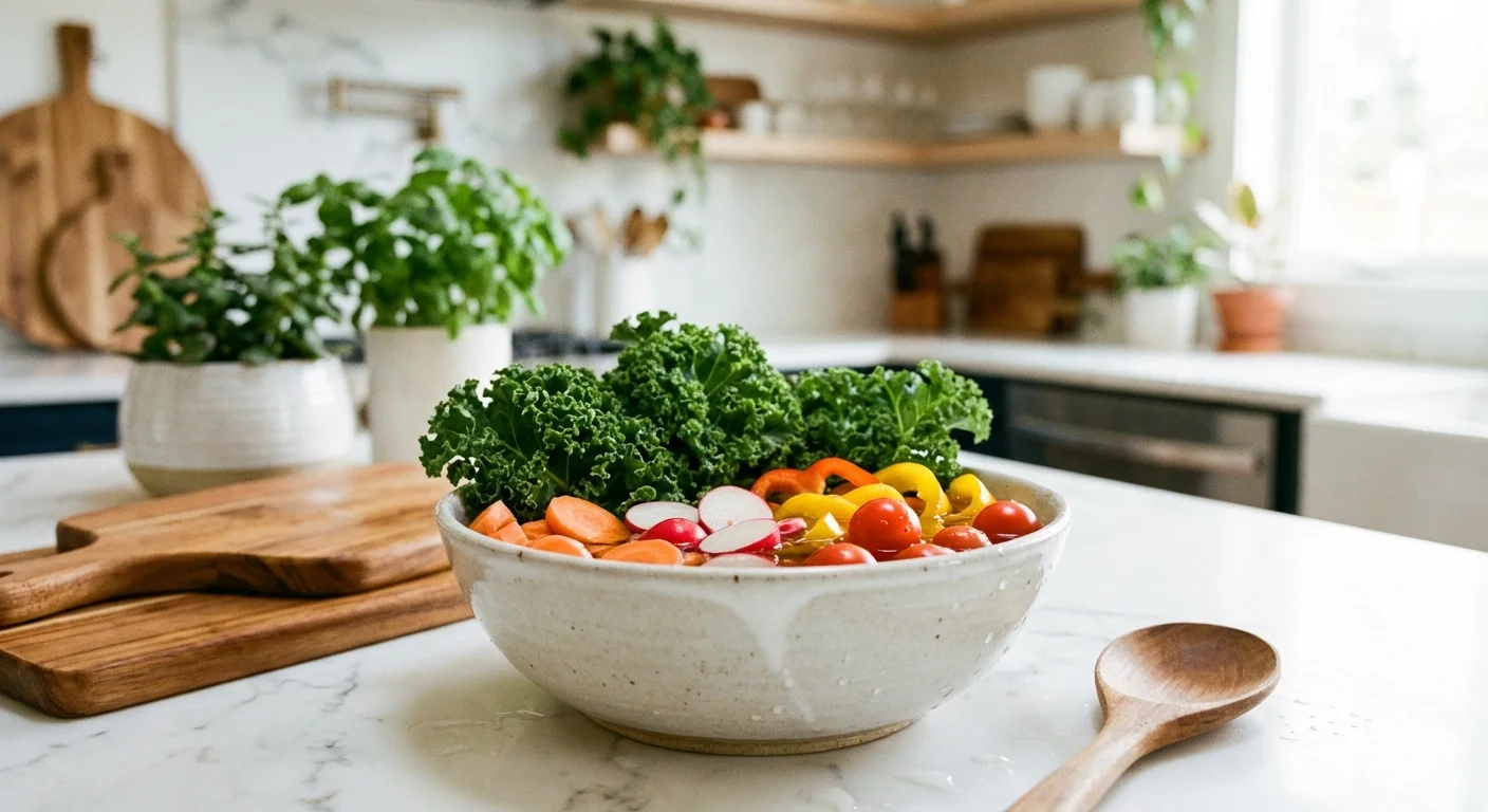 Fresh vegetables soaking in a ceramic bowl on a kitchen counter.