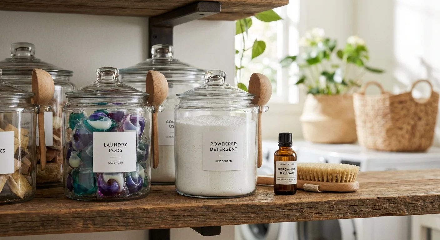 Glass jars with wooden lids used to store laundry detergent and supplies on a shelf.